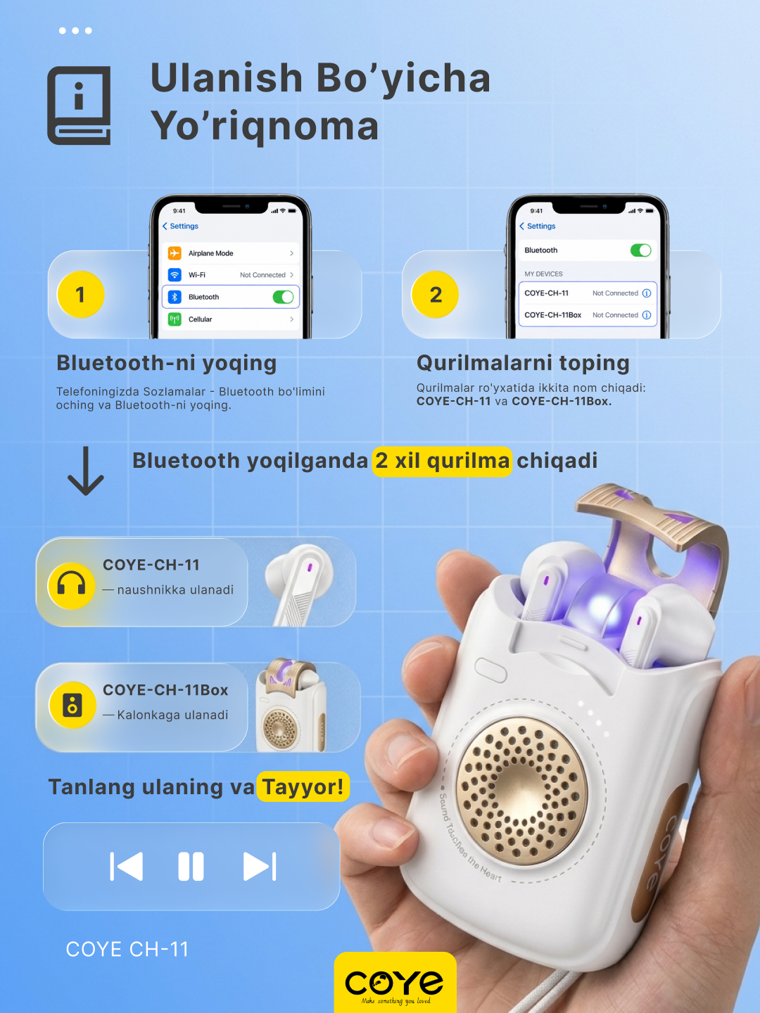 Simsiz Bluetooth kolonka + quloqchinlar, 2v1 da, sensorli, namlikdan himoya, kalonka