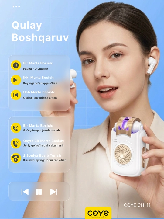 Simsiz Bluetooth kolonka + quloqchinlar, 2v1 da, sensorli, namlikdan himoya, kalonka