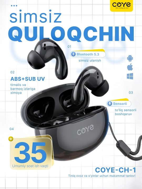 Simsiz  Bluetooth quloqchinlar ,mikrofonli, sensorli, suvdan himoyalangan, naushnik - 