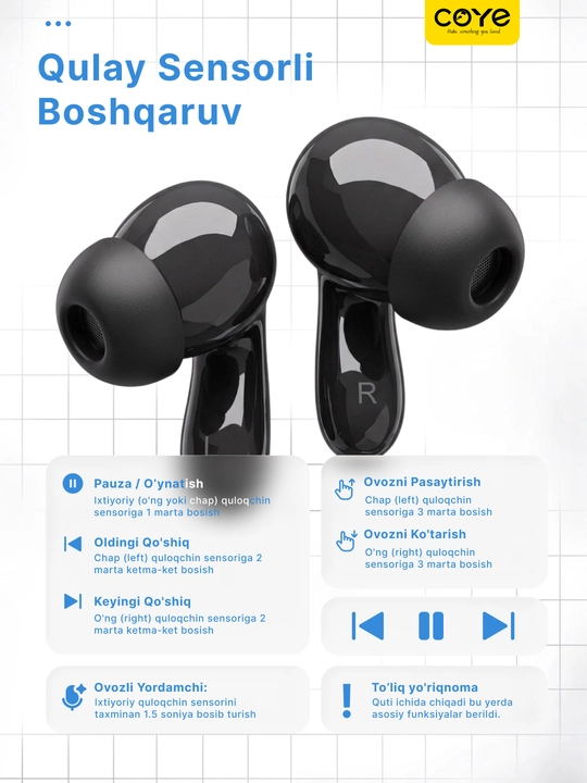 Simsiz  Bluetooth quloqchinlar ,mikrofonli, sensorli, suvdan himoyalangan, naushnik
