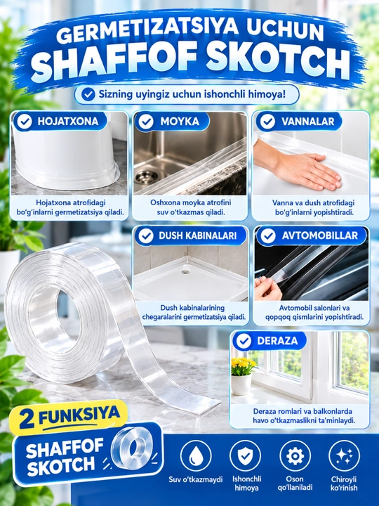 Nano skotch, ikki tomonlama, ko‘p martalik, mahkamlash, hoshiya lentasi, germetik