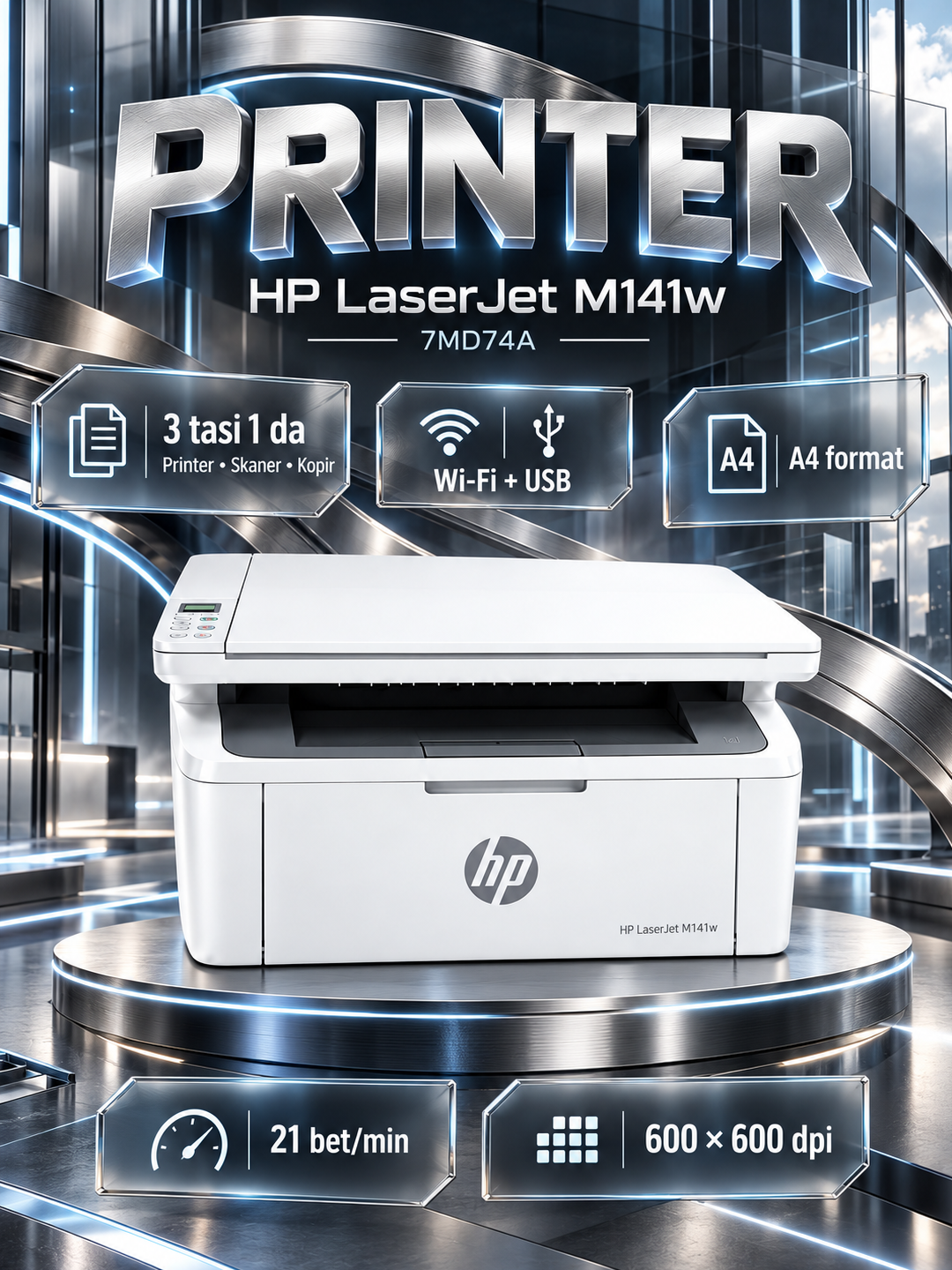 МФУ HP LaserJet M141w 7MD74A, лазерный принтер, сканер, копир, A4, Wi-Fi, USB, 21 стр/мин - 