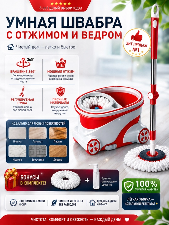 Aylanadigan shvabra to'plami 360°, chelak, mikrofiber, o'z-o'zidan siqiladigan, plastmassa - 