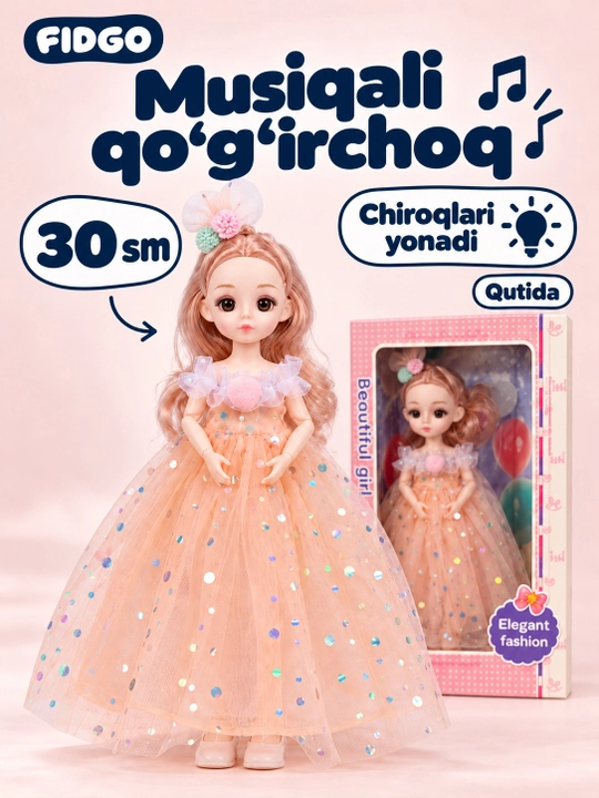Musiqiy qo'g'irchoq qizlar uchun, chiroyli libosda, sovg'abop qutida, 30 sm - 