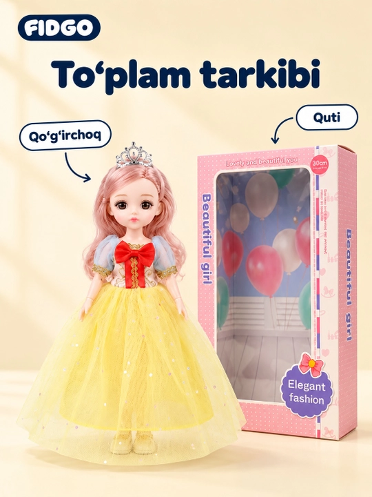 Musiqiy qo'g'irchoq qizlar uchun, chiroyli libosda, sovg'abop qutida, 30 sm
