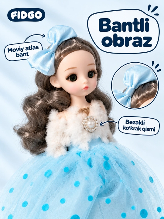 Musiqiy qo'g'irchoq qizlar uchun, chiroyli libosda, sovg'abop qutida, 30 sm