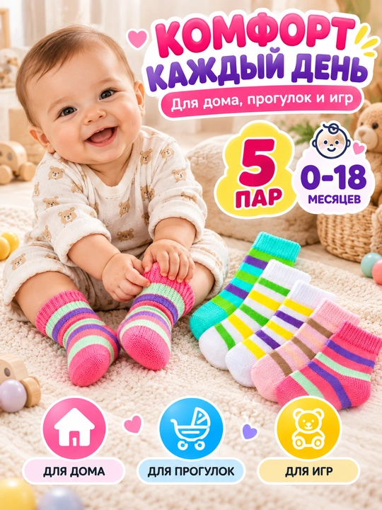 Носки для новорождённых и детей, набор носков, 0–18 месяцев, разных цветов - 