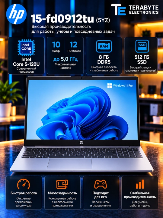 HP 15-fd0912tu — Intel Core 5-120U, 8 ГБ DDR5, SSD 512 ГБ, 15.6″ FHD, Windows 11 Pro - 