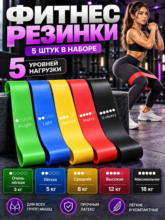 Fitnes rezinkalari 5 dona, lentali espander, oyoq va dumba uchun, 5 xil qarshilik darajasi - 