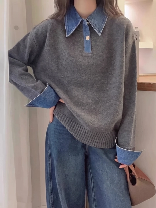 Ayollar trikotaj sviteri, jinsi yoqali va uzun yengli - ELLY FASHION - 