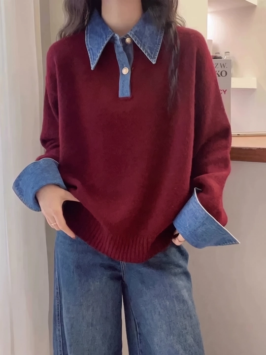 Ayollar trikotaj sviteri, jinsi yoqali va uzun yengli - ELLY FASHION - 