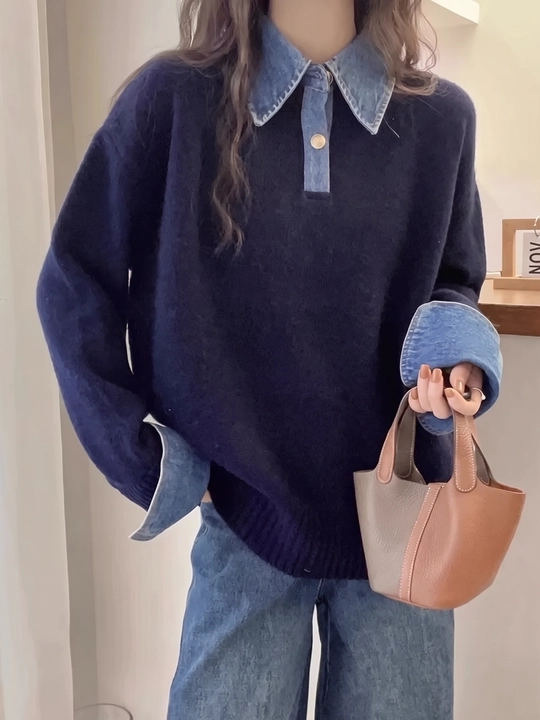 Ayollar trikotaj sviteri, jinsi yoqali va uzun yengli - ELLY FASHION - 