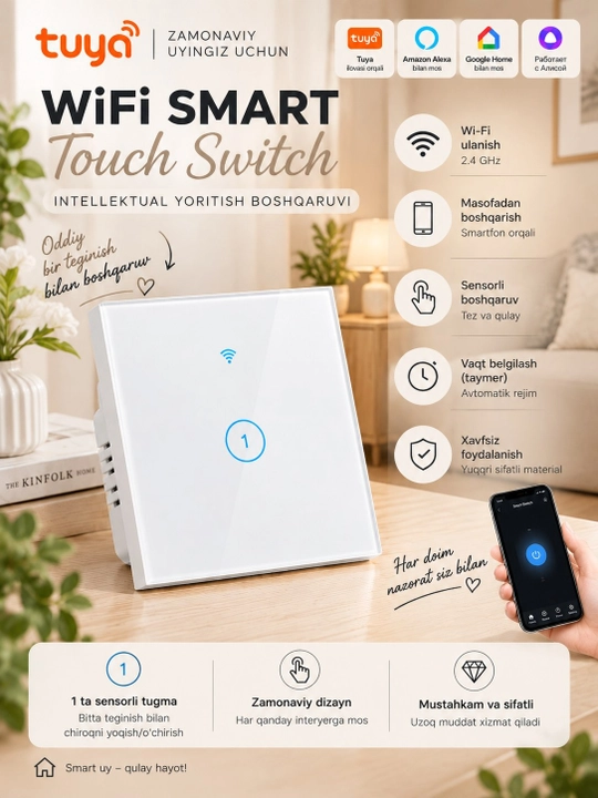 Aqlli sensorli Wi-Fi+RF 433MHz yorug‘lik kaliti, Tuya Smart Life