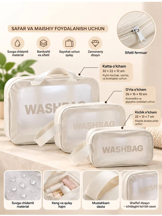 Водонепроницаемые косметички WASHBAG 3 разных размеров и 4 цветов. Косметичка - 