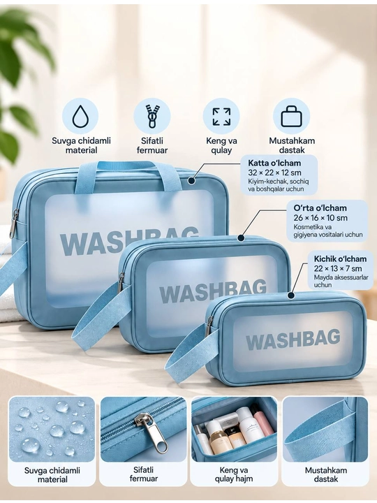 Водонепроницаемые косметички WASHBAG 3 разных размеров и 4 цветов. Косметичка - 