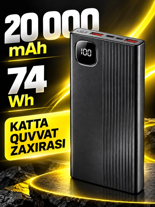 Внешний аккумулятор 20000 мАч с 4 встроенными кабелями, Type-C и 2 USB, чёрный