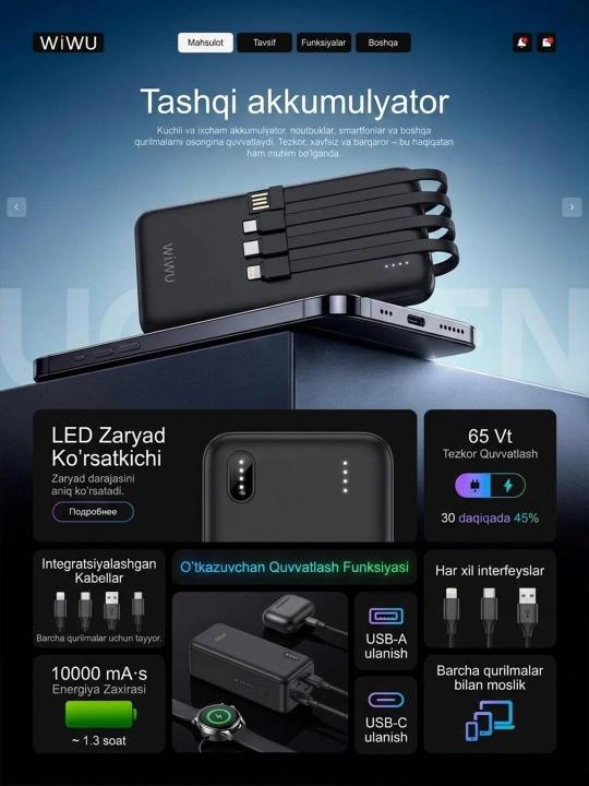 WIWU | CCC Tashqi akkumulyator 22.5w quvvat 10k mA/h, POWER BANK