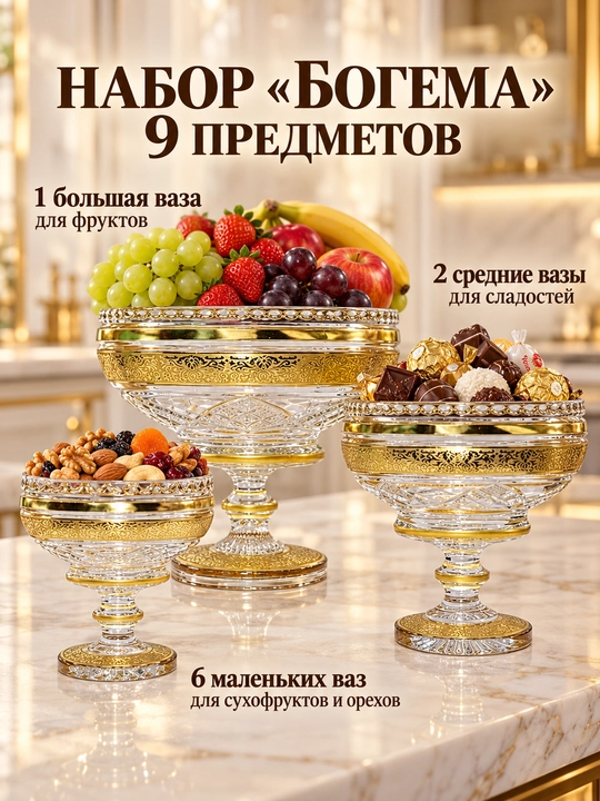 Набор стеклянных ваз «Богема»: 9 предметов для фруктов, ягод, конфет, орехов и сухофруктов - 