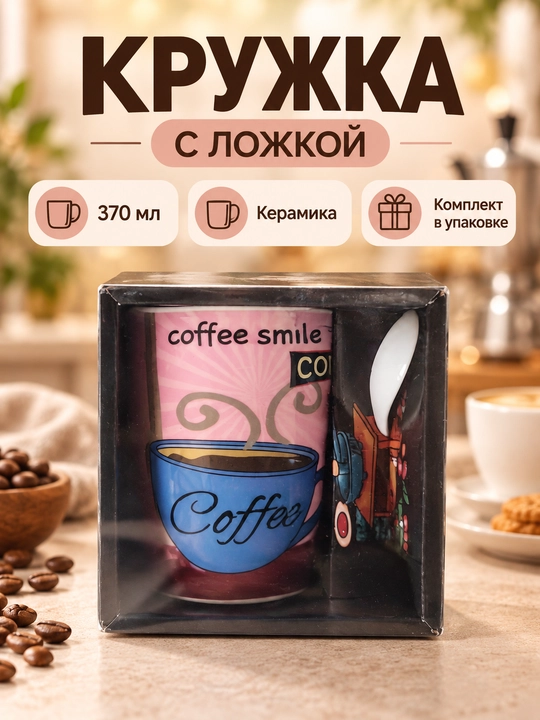 370 мл keramika krujka qoshiq bilan, sovg‘a qutisida  Choy uchun krujka