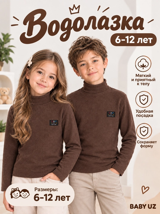 Bolalar vodolazkasi 6-12 yosh, o‘g‘il va qiz bolalar uchun, baland yoqali, bolalar kiyimi - 