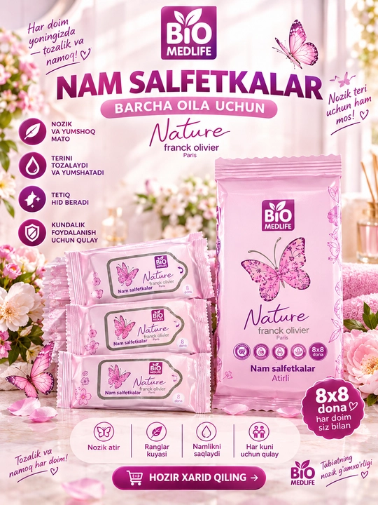 Nam salfetkalar to'plami, 8x8 gigiyena, sayohat to'plami, teri parvarishi va tabiiy kosmetika - 