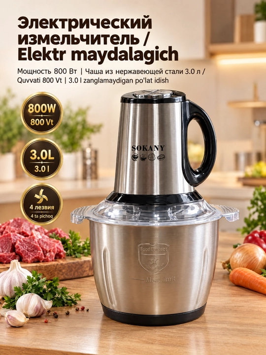 Электрическая мясорубка-измельчитель SOKANY SK-7011, 800 Вт, 3 л, из нержавеющей стали - 