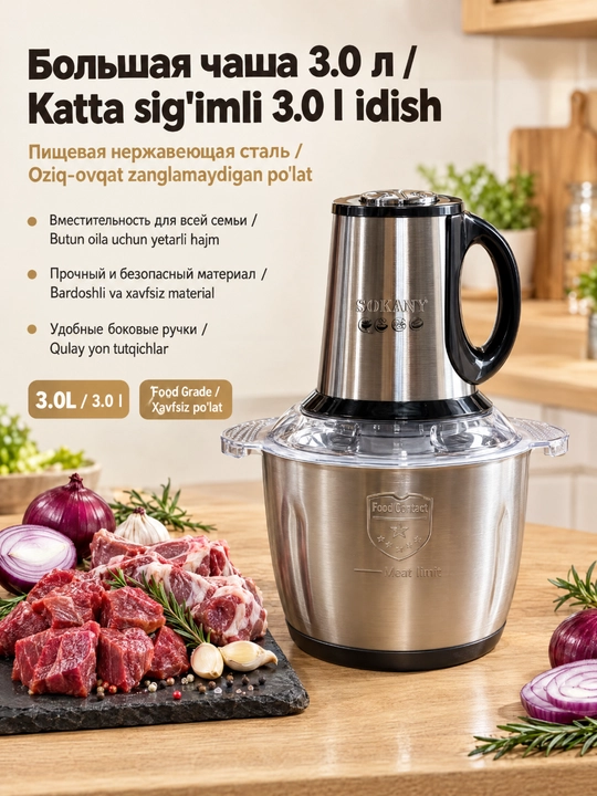 SOKANY SK-7011 elektr go‘sht maydalagich, 800 Vt, 3 l zanglamaydigan po‘lat idish