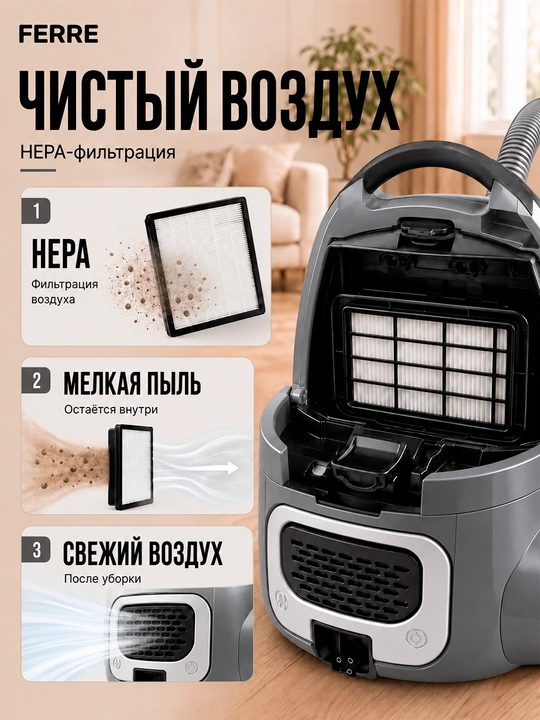 Пылесос Ferre VC-1108C, с HEPA - фильтром, мощность всасывания 450 Вт