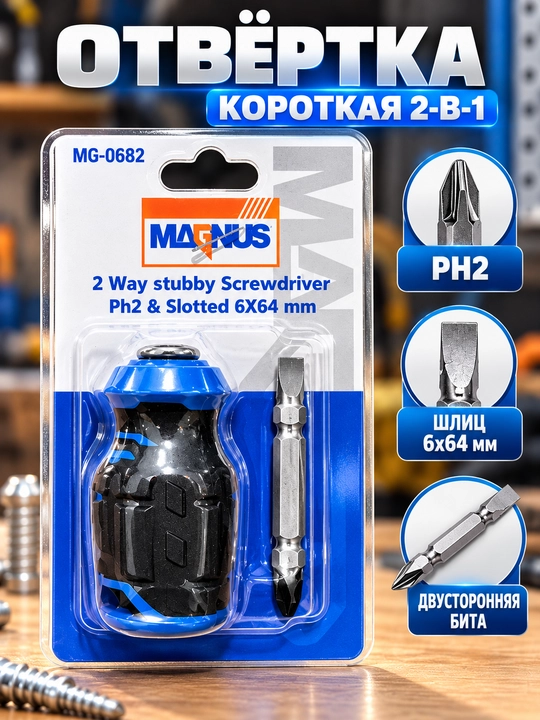 Отвёртка MAGNUS MG-0652 короткая, PH2 и SL 6×64 мм - 