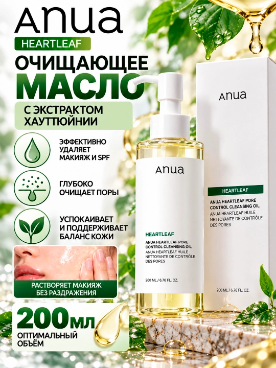 ANUA HEARLEAF PORE CONTROL CLEANSING Anua tozalovchi moyi, xauttuiniya ekstrakti bilan, 200 ml - 