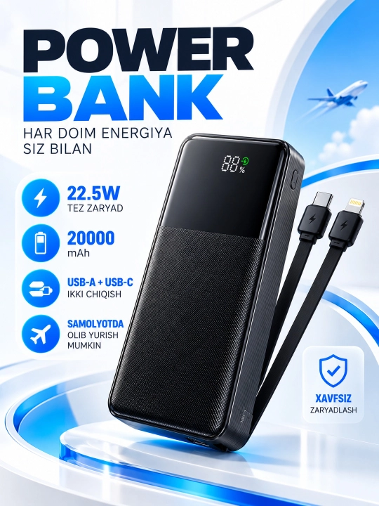 Внешний аккумулятор Power Bank, 10000/20000 мАч, быстрая зарядка 22,5 Вт , чёрный