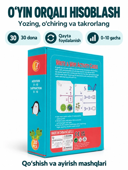Matematik kartochkalar Write & Wipe Activity Cards, 30 dona, marker bilan, 3 yoshdan