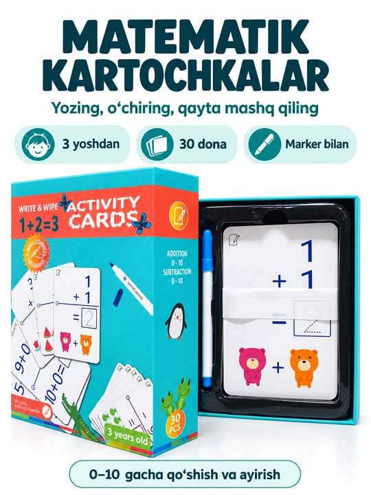 Matematik kartochkalar Write & Wipe Activity Cards, 30 dona, marker bilan, 3 yoshdan