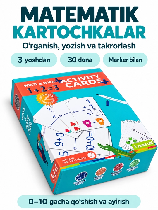 Matematik kartochkalar Write & Wipe Activity Cards, 30 dona, marker bilan, 3 yoshdan - 