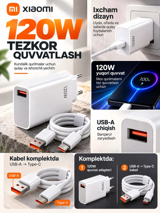 Быстрое зарядное устройство Xiaomi USB-A Type-C с кабелем, 67W/120W