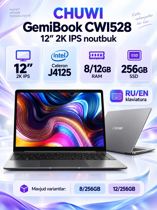 Noutbuk CHUWI GemiBook CWI528 12″ 2K IPS, J4125, 8/12GB RAM, 256GB SSD - 
