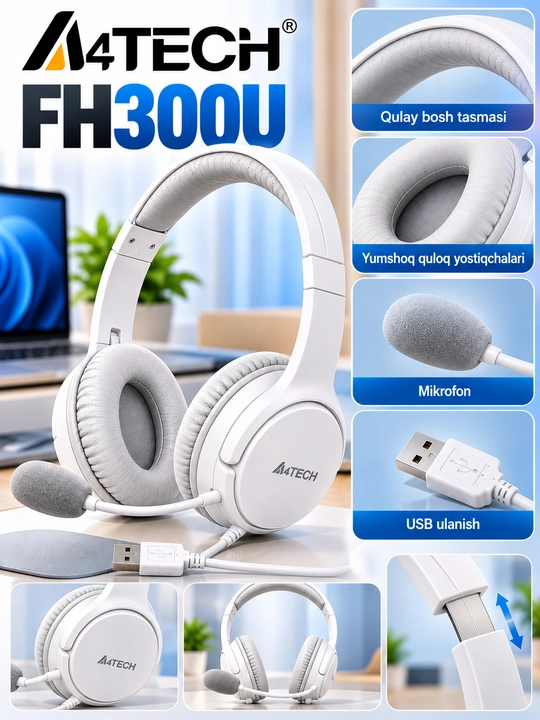 Quloqchin A4TECH FH300U USB stereo garnitura, mikrofonli, oq Naushunik