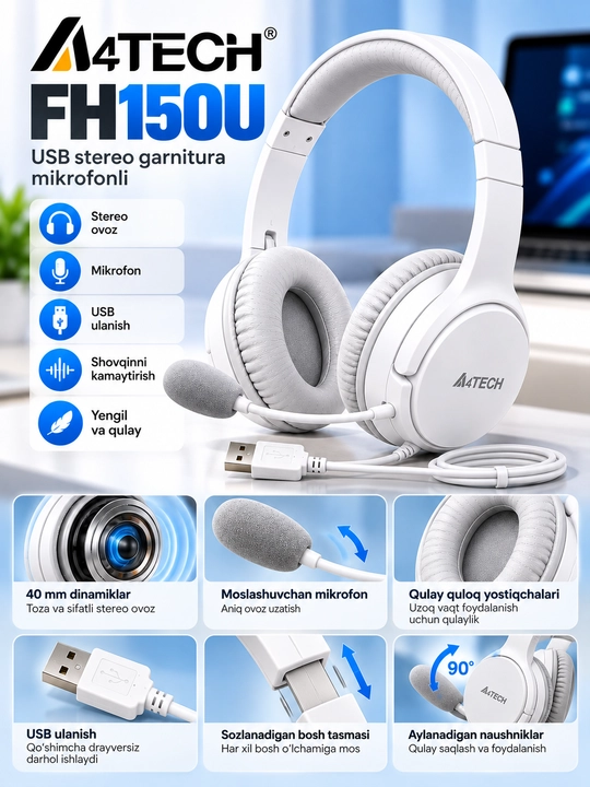 Quloqchin A4TECH FH150U USB stereo garnitura, mikrofonli, oq NOUSHNIK
