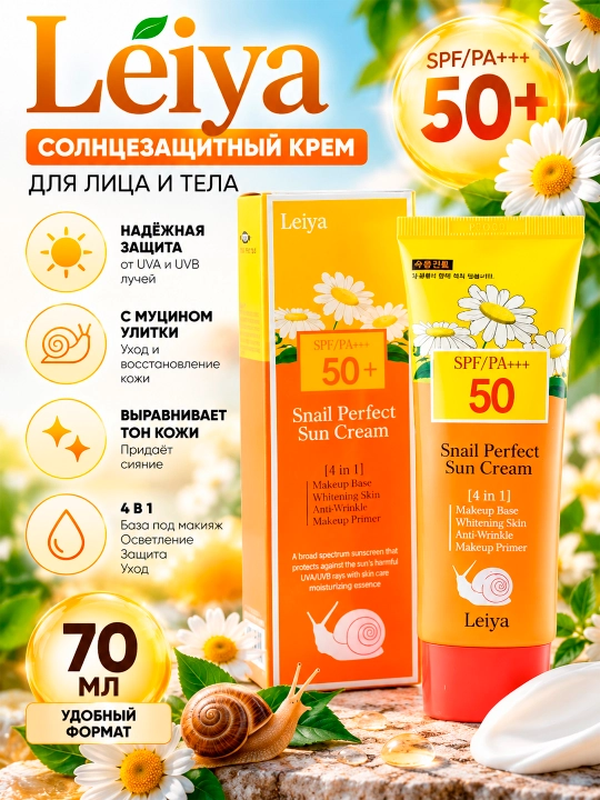 LEIYA SNAIL 4v1 Yuz va tana uchun quyoshdan himoyalovchi SPF50+ PA+++ 70ml - 