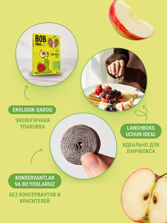 BOB SNAIL roll mevali pastilasi, Olmali, 60 g