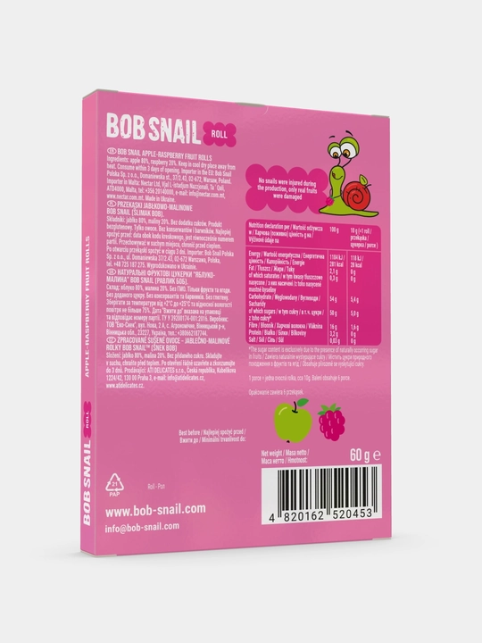 BOB SNAIL roll mevali pastilasi, Olma-malina, 60 g
