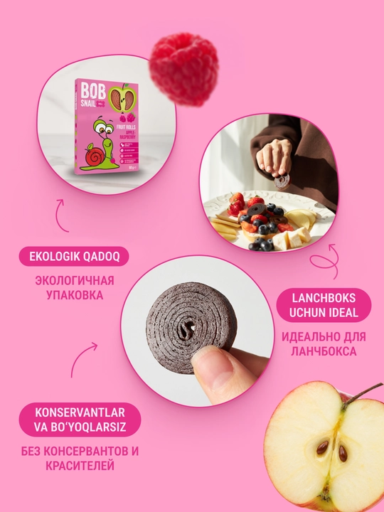 BOB SNAIL roll mevali pastilasi, Olma-malina, 60 g
