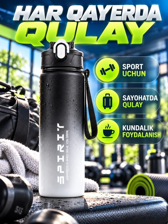 Sport uchun suv idishi qopqoqli tasmali gradient butilka, rangli