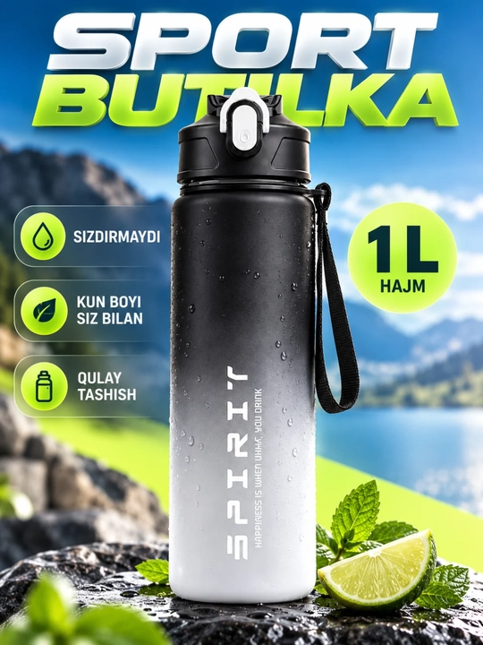 Sport uchun suv idishi qopqoqli tasmali gradient butilka, rangli - 