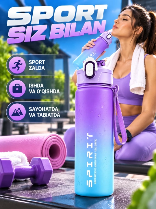 Sport uchun suv idishi qopqoqli tasmali gradient butilka, rangli