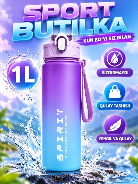 Sport uchun suv idishi qopqoqli tasmali gradient butilka, rangli - 