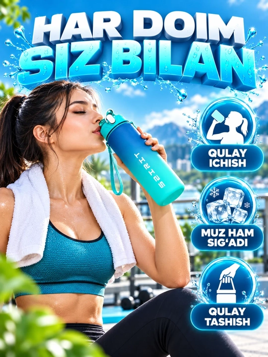 Sport uchun suv idishi qopqoqli tasmali gradient butilka, rangli