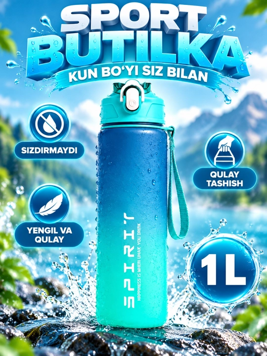 Sport uchun suv idishi qopqoqli tasmali gradient butilka, rangli