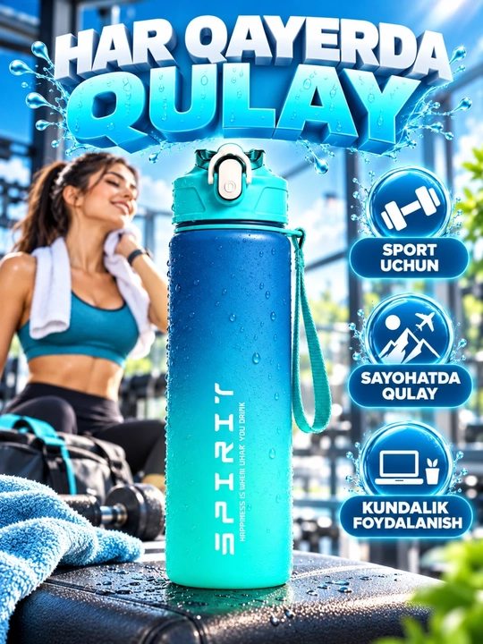 Sport uchun suv idishi qopqoqli tasmali gradient butilka, rangli - 