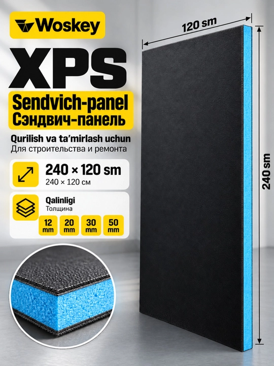 Сэндвич-панель XPS 240×120 см, облицовка FRP стеклопластик, 12–50 мм, WOSKEY